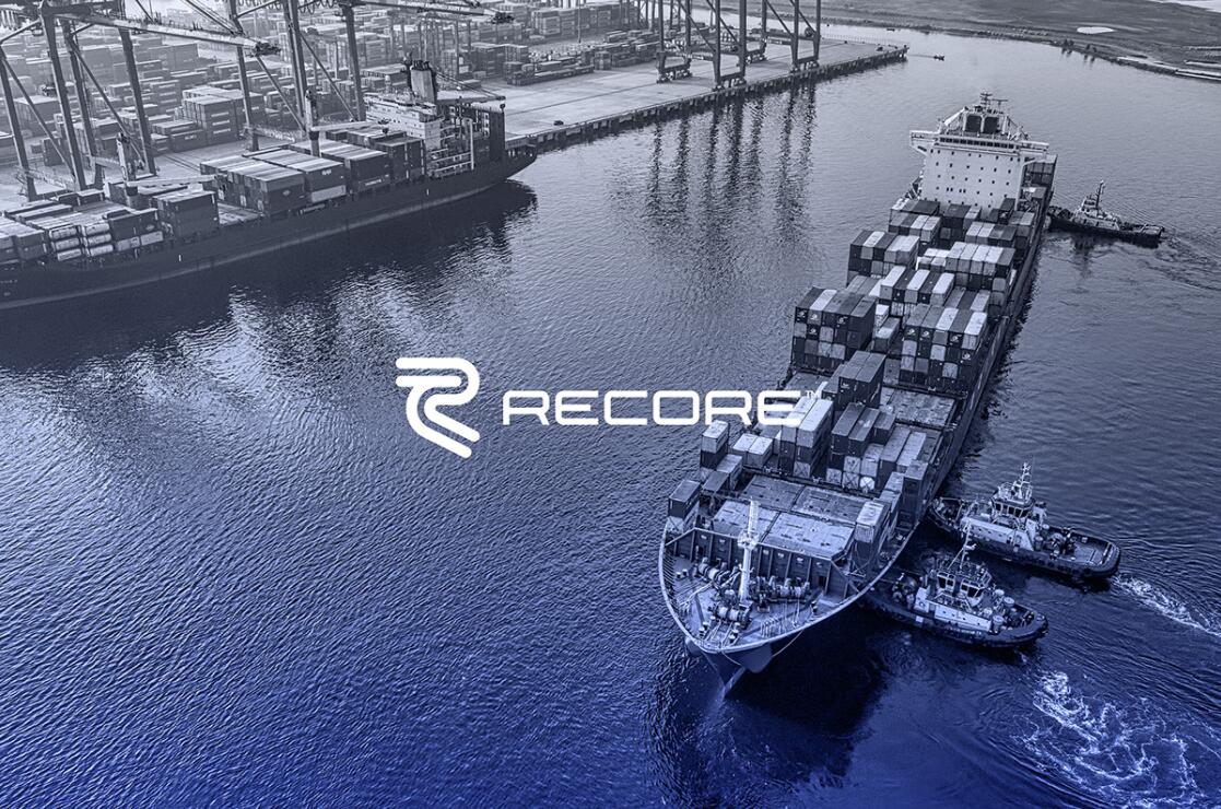 Recore 航運(yùn)貨運(yùn)物流公司logo設(shè)計(jì)vi設(shè)計(jì)，雙線條“R”字母與藍(lán)灰配色