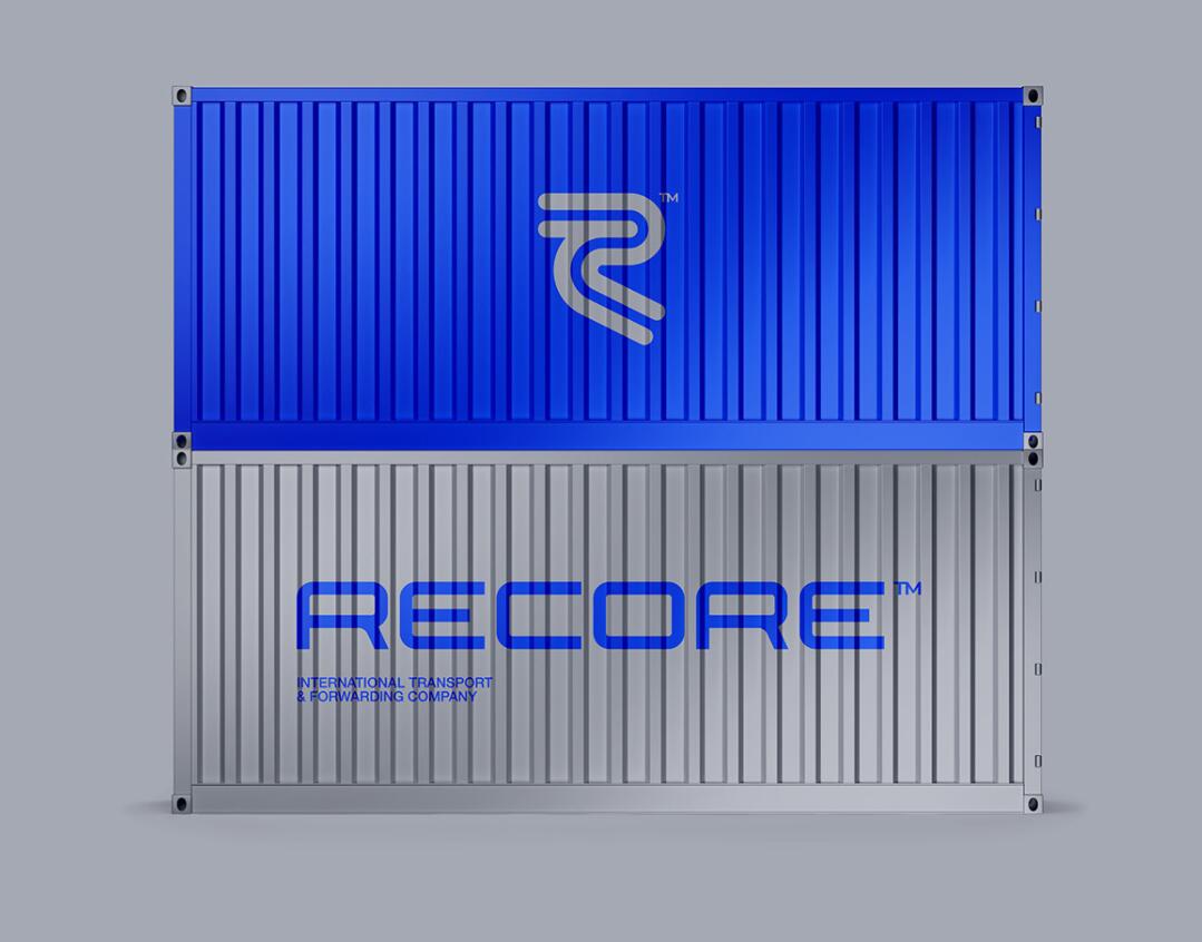 Recore 航運(yùn)公司logo設(shè)計(jì)vi設(shè)計(jì)，雙線條“R”字母與藍(lán)灰配色