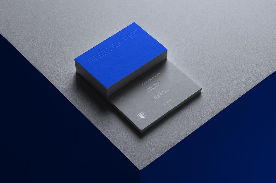 Recore 航運(yùn)貨運(yùn)物流公司logo設(shè)計(jì)vi設(shè)計(jì)，雙線條“R”字母與藍(lán)灰配色