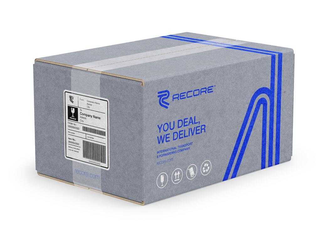 Recore 航運(yùn)貨運(yùn)物流公司logo設(shè)計(jì)vi設(shè)計(jì)，雙線條“R”字母與藍(lán)灰配色