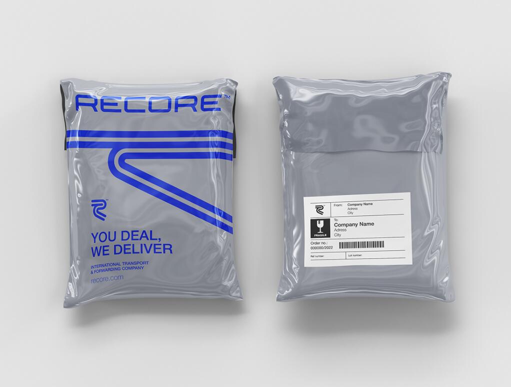 Recore 航運(yùn)貨運(yùn)物流公司logo設(shè)計(jì)vi設(shè)計(jì)，雙線條“R”字母與藍(lán)灰配色
