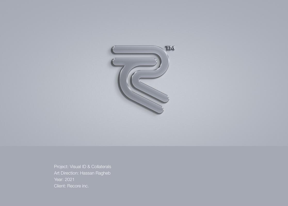 Recore 航運(yùn)貨運(yùn)物流公司logo設(shè)計(jì)vi設(shè)計(jì)，雙線條“R”字母與藍(lán)灰配色