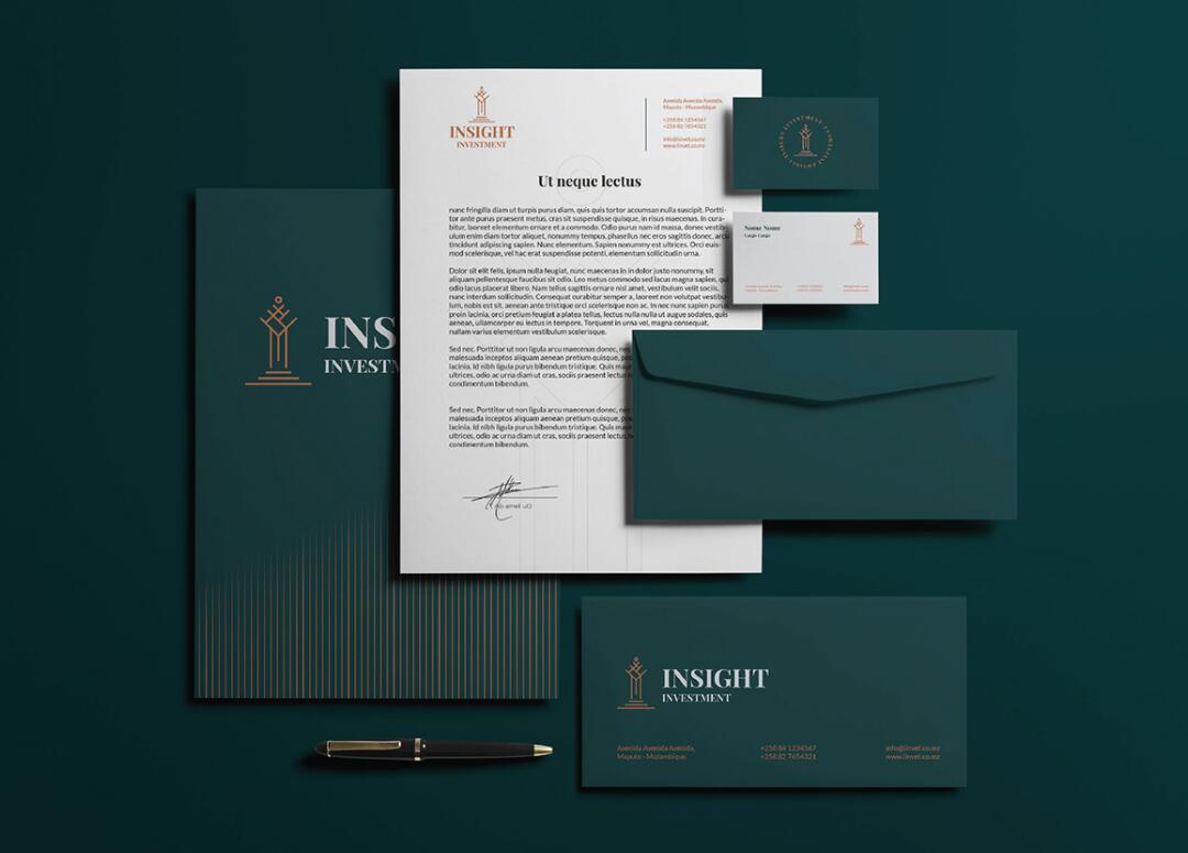 Insight 金融投資公司logo設(shè)計vis設(shè)計，基石與增長線條元素