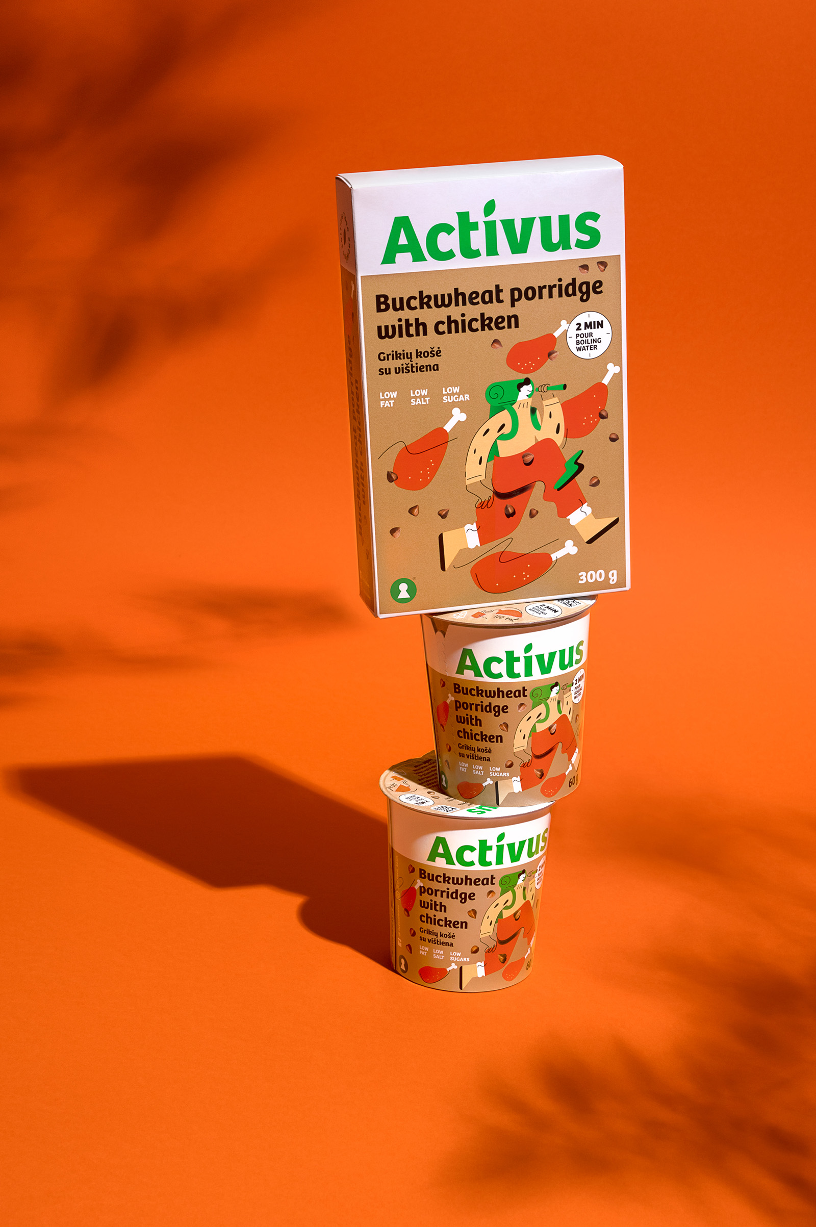 ACTIVUS 杯裝健康速食早餐午餐包裝設(shè)計(jì)，比例夸張的活力人物插畫(huà)