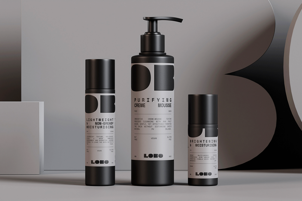 LOBO 男性有機護(hù)膚化妝品品牌logo設(shè)計包裝設(shè)計，黑灰粗體字風(fēng)格