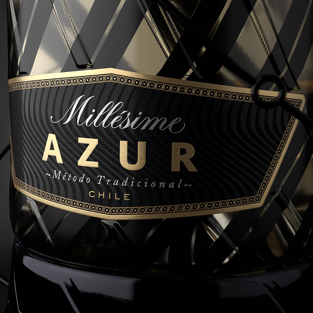 Azur 起泡酒包裝設計瓶型設計，黑金螺旋線條