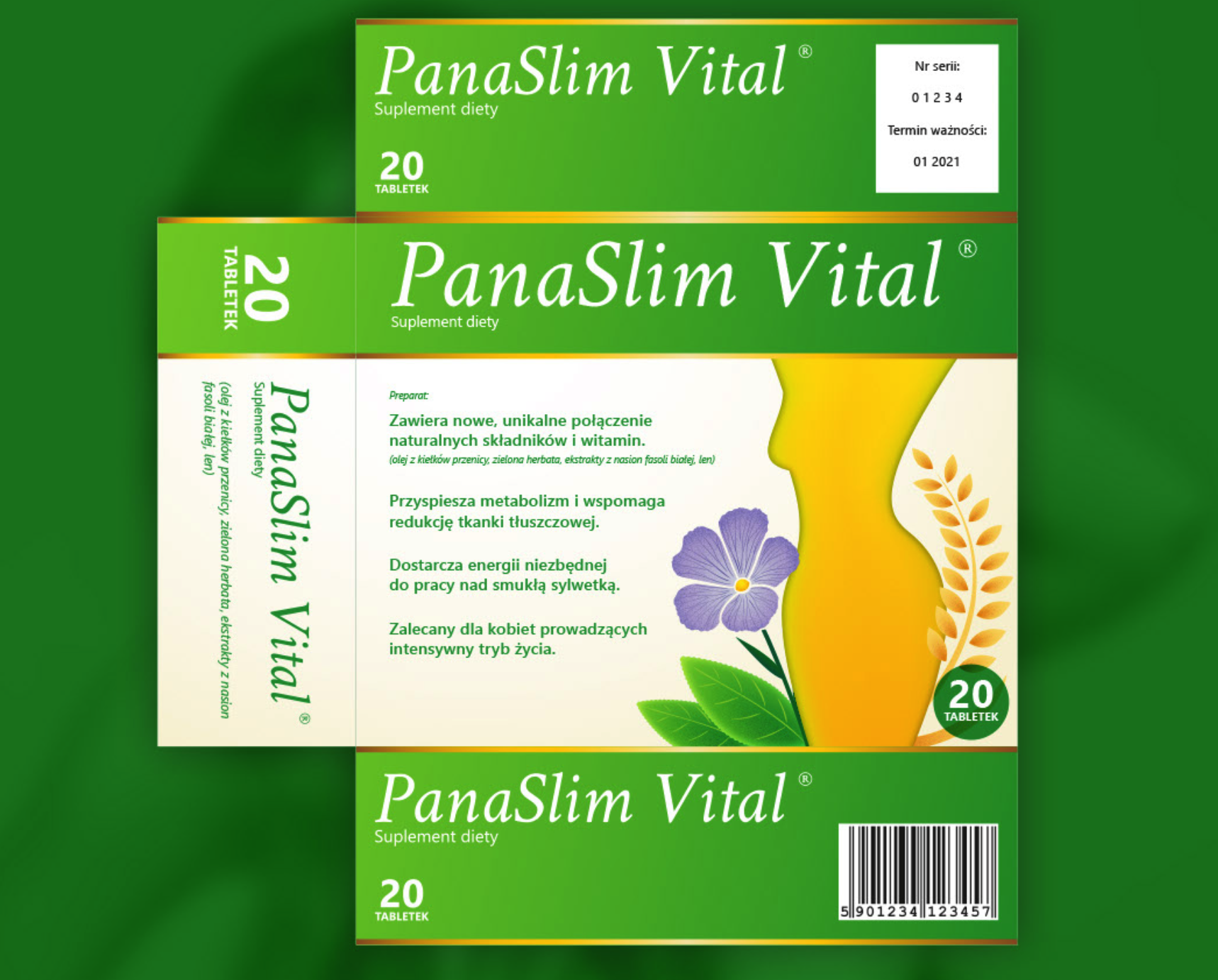 PanaSlim Vital 膳食補(bǔ)充劑減脂藥減肥藥品包裝設(shè)計(jì)，苗條身材剪影+草本植物花卉插圖