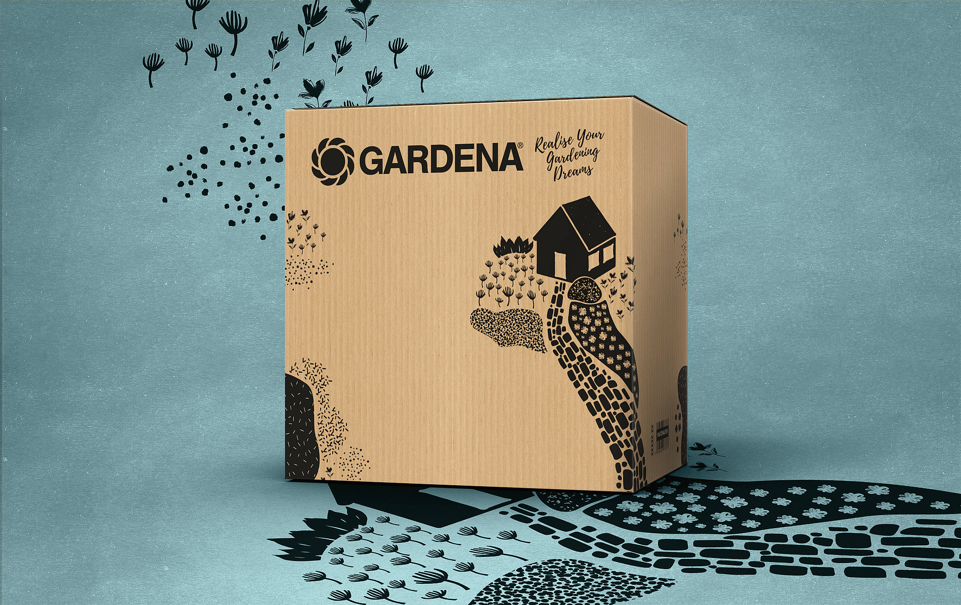 園藝工具領導者Gardena快遞產(chǎn)品瓦楞紙包裝盒設計,花園鮮花灌木叢小路小房子插畫 園藝工具領導者Gardena快遞產(chǎn)品瓦楞紙包裝盒設計,花園鮮花灌木叢小路小房子插畫