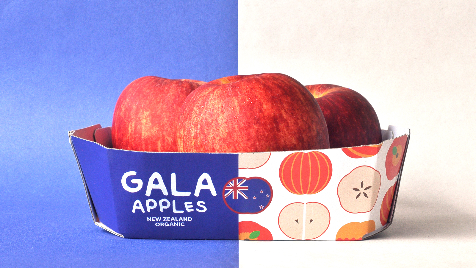 GALA 新西蘭有機(jī)蘋果節(jié)慶敞開式包裝盒設(shè)計，新西蘭國旗色+扁平圖標(biāo)組合