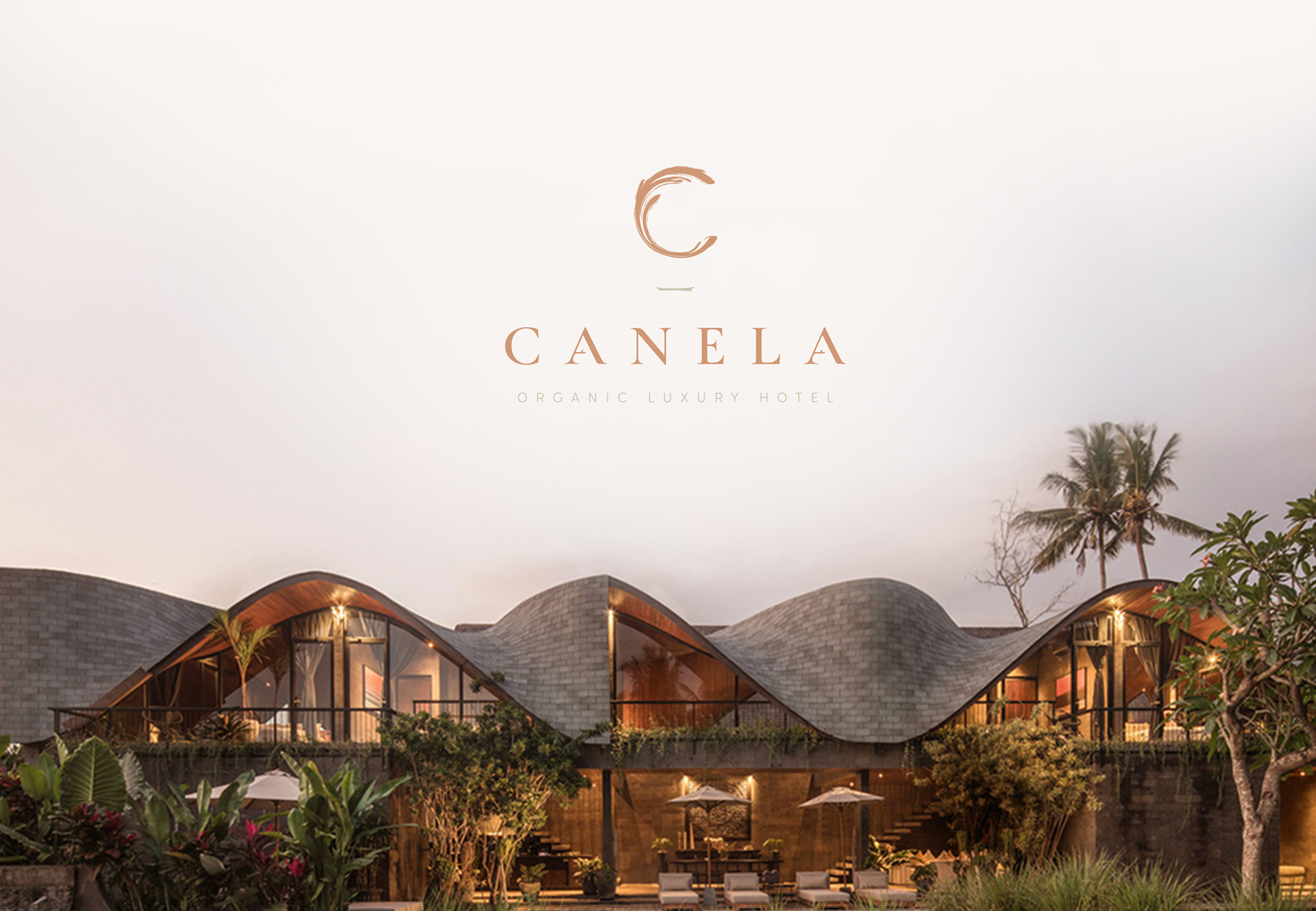 巴西有機(jī)豪華酒店藝術(shù)建筑項(xiàng)目 Canela 創(chuàng)建品牌logo設(shè)計(jì)和藝術(shù)指導(dǎo)，彎曲肉桂C字母元素