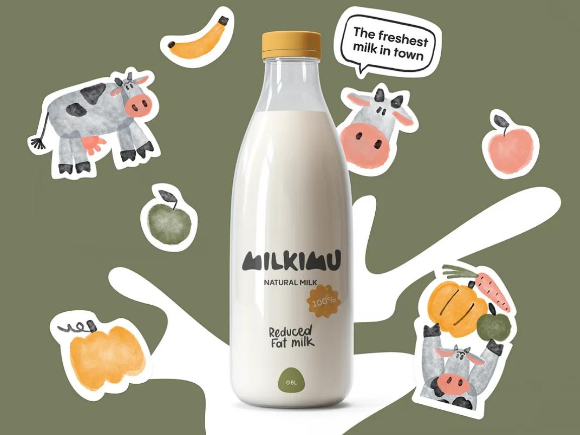 Milkimu牛奶乳制品品牌包裝設(shè)計和營銷圖形,可愛手繪卡通牛牛元素-牛奶玻璃瓶和品牌貼紙 Milkimu牛奶乳制品品牌包裝設(shè)計和營銷圖形,可愛手繪卡通牛牛元素-牛奶玻璃瓶和品牌貼紙