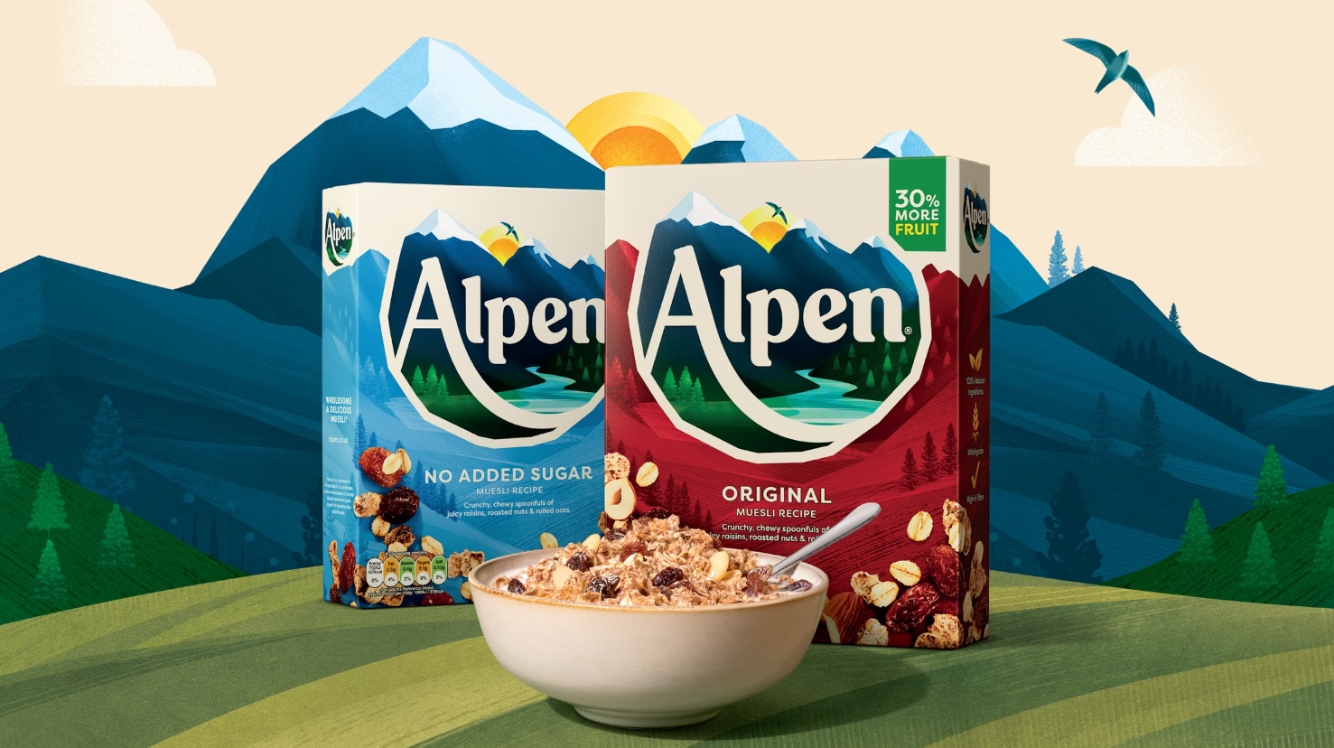 Alpen早餐燕麥谷物麥片打造新品牌與logo設(shè)計包裝設(shè)計，阿爾卑斯山插畫元素