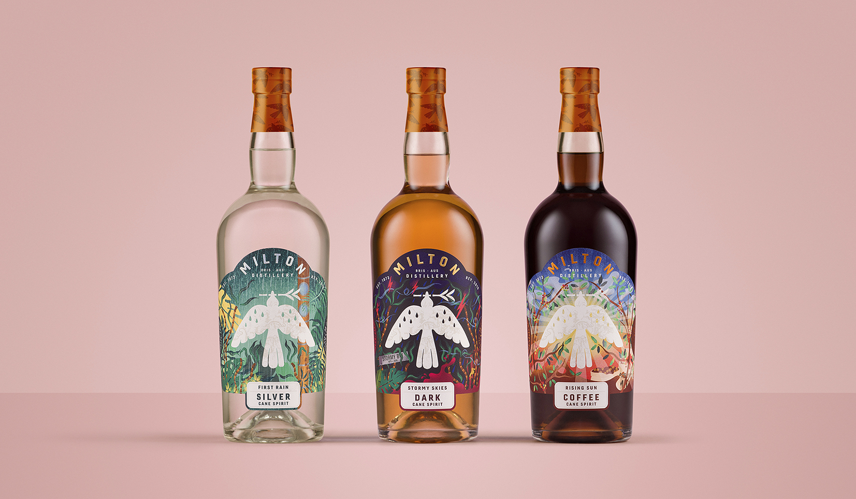 米爾頓酒廠朗姆酒標簽包裝設(shè)計，噪鵑鳥核心識別元素統(tǒng)領(lǐng)所有包裝架構(gòu)