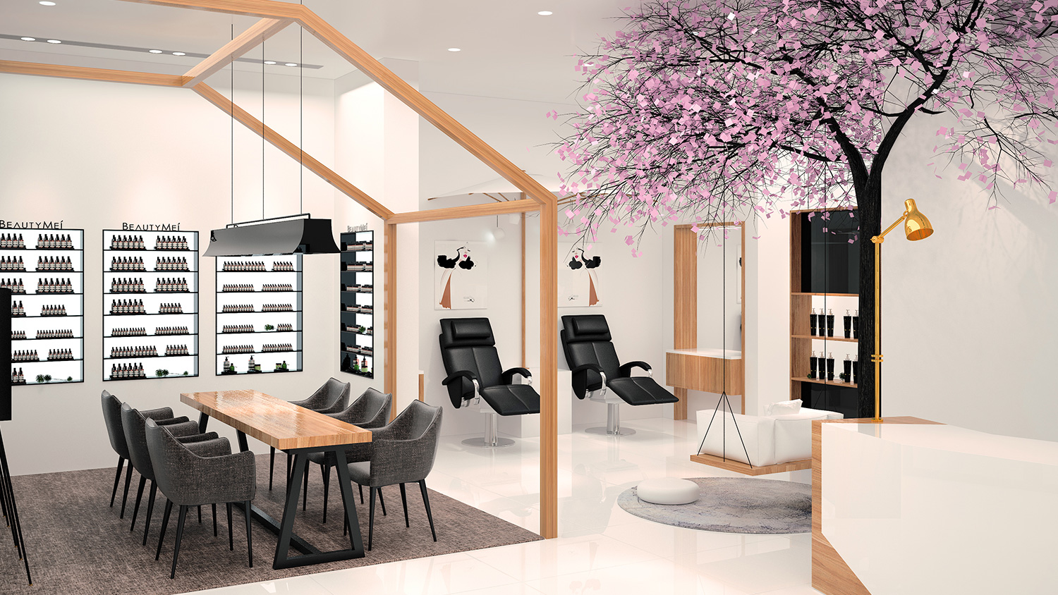 Beautymei水魅兒美甲護(hù)膚化妝品專賣(mài)體驗(yàn)店鋪空間設(shè)計(jì)，黑色+深原木色風(fēng)格