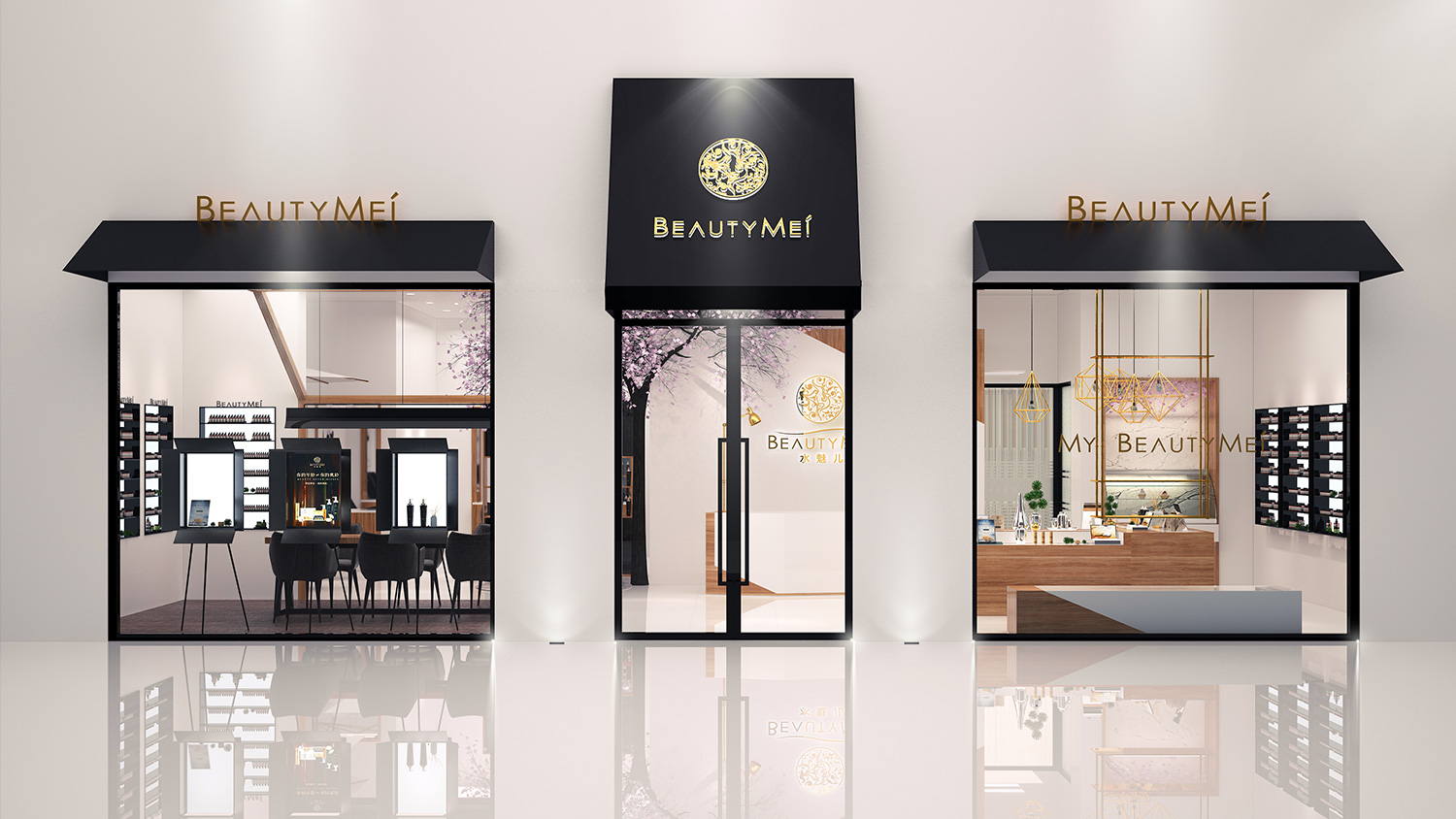 Beautymei水魅兒美甲護(hù)膚化妝品專賣(mài)體驗(yàn)店鋪空間設(shè)計(jì)，黑色+深原木色風(fēng)格