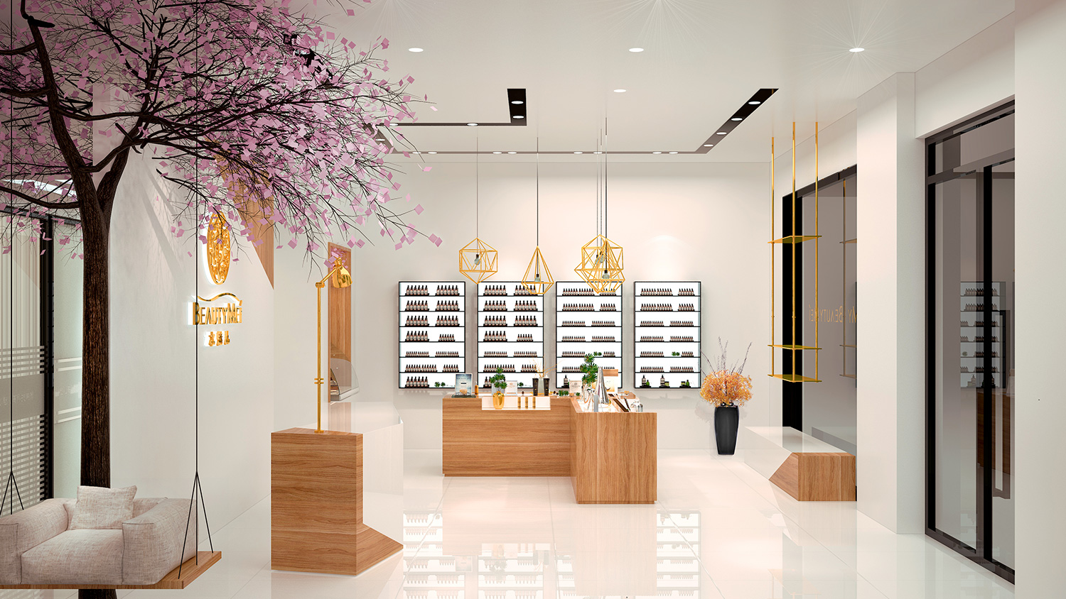 Beautymei水魅兒美甲護(hù)膚化妝品專賣(mài)體驗(yàn)店鋪空間設(shè)計(jì)，黑色+深原木色風(fēng)格