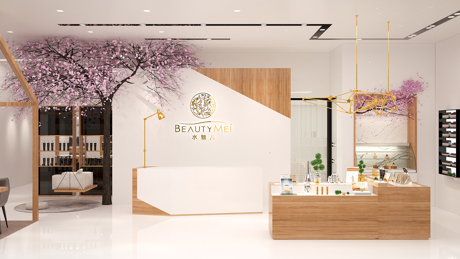 Beautymei水魅兒美甲護(hù)膚化妝品專賣(mài)體驗(yàn)店鋪空間設(shè)計(jì)，黑色+深原木色風(fēng)格